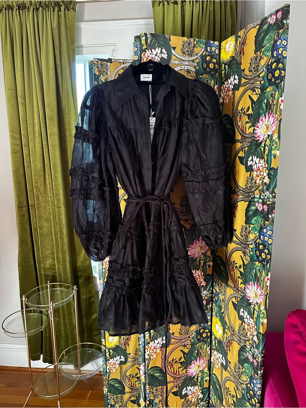 Aureum Black Button-Front Ruffled Shirt Dress NWT bubble sleeve small